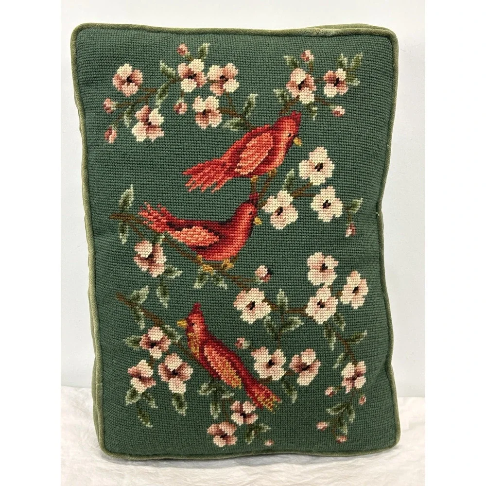 Vtg Needlepoint Cardinal Birds Pillow Green Rectangle Floral Velvet Backed 18x13
